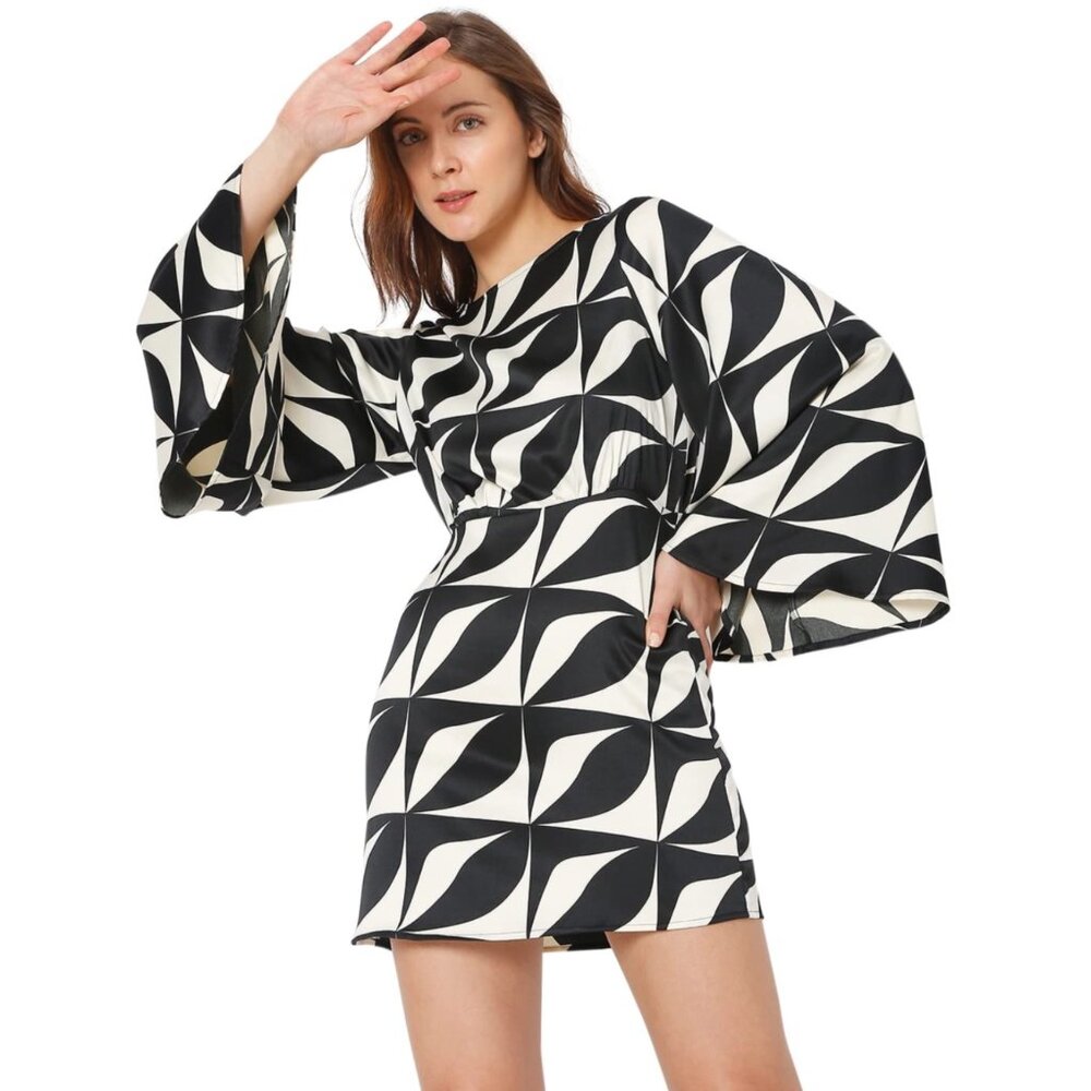 Printed Boat-Neck Sheath Dress Black & Cream  Size Small